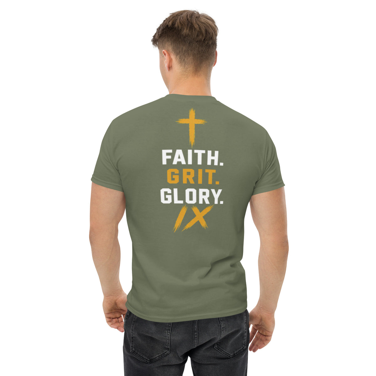 IX Lions Adult Statement Tee in military green, back view showing the Faith. Grit. Glory. graphic