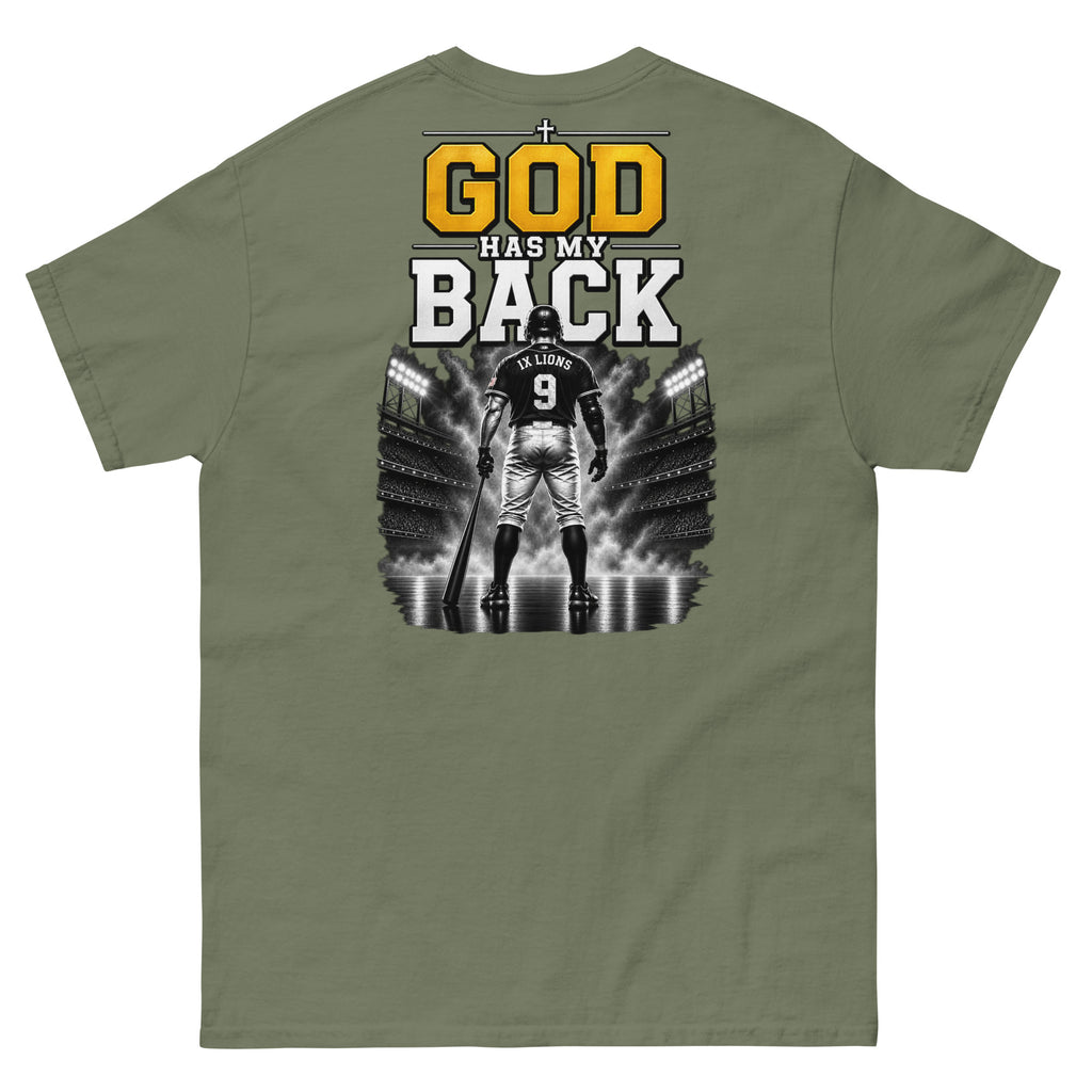 IX Lions God Has My Back Tee in military green, back view showing the God Has My Back graphic