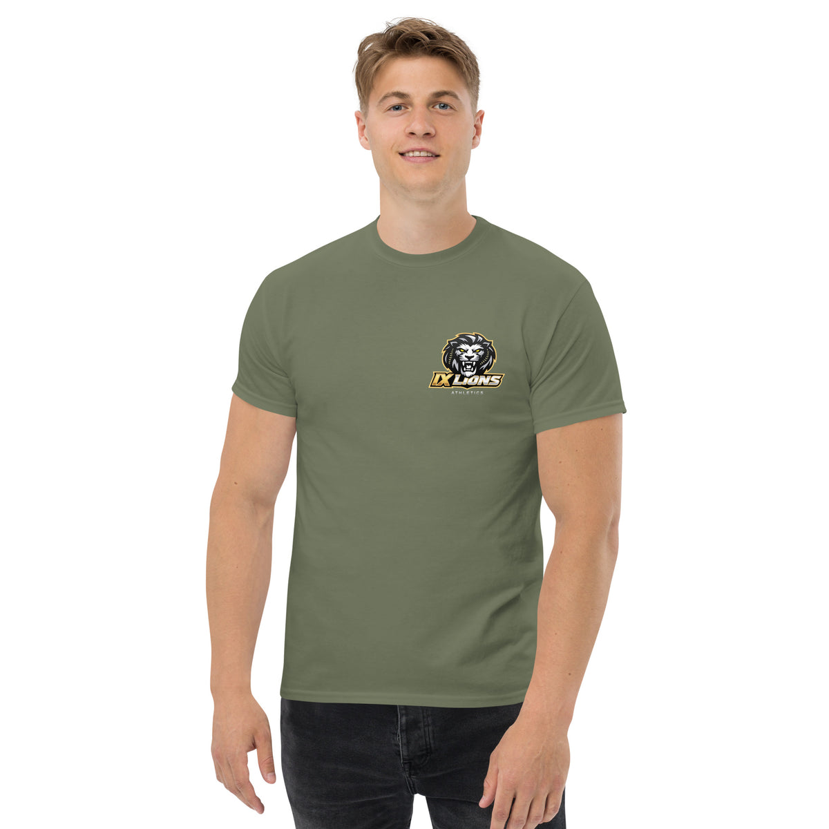 IX Lions Adult Statement Tee in military green, front view with IX Lions logo on the chest