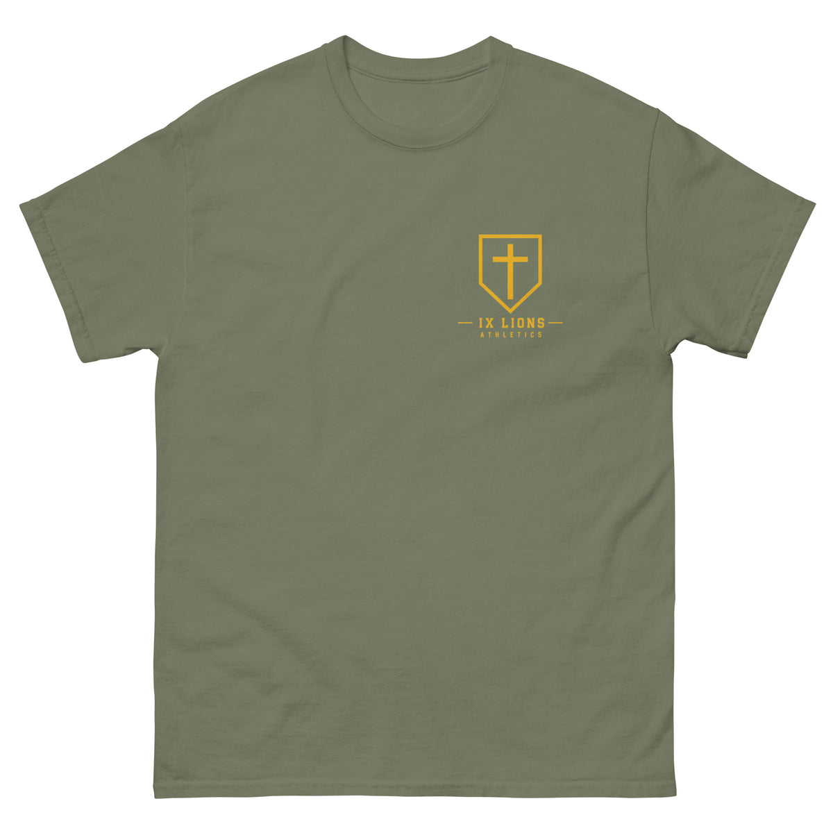 IX Lions God Has My Back Tee in military green, front view with IX Lions shield on the chest