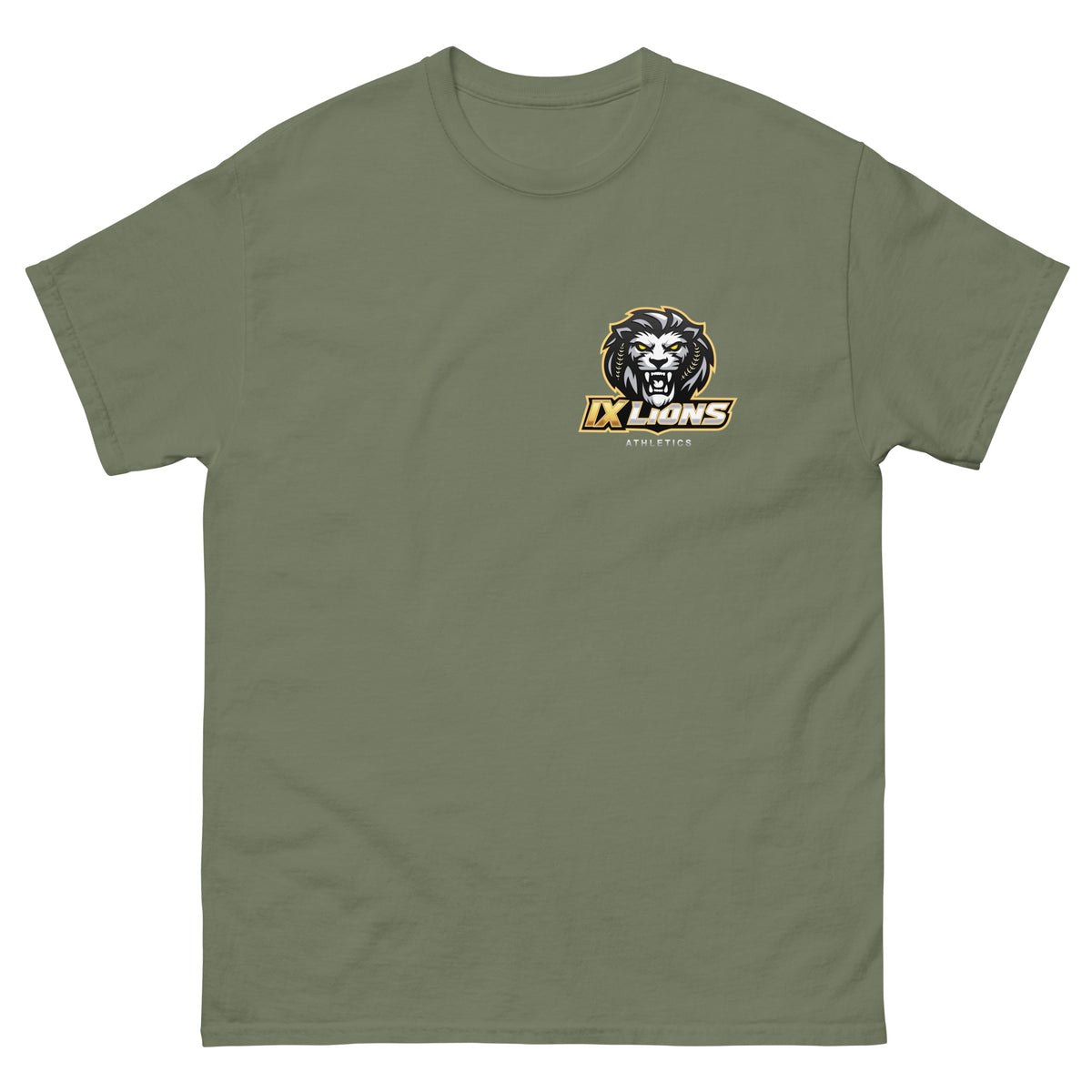 IX Courage Tee in military green, front view with small IX Lions crest on the left chest