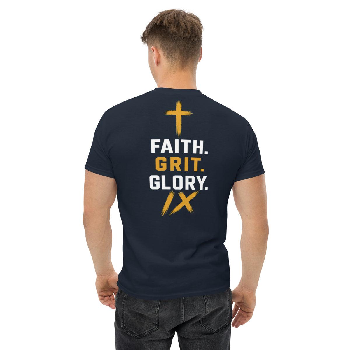 IX Lions Adult Statement Tee in navy, back view showing the Faith. Grit. Glory. graphic