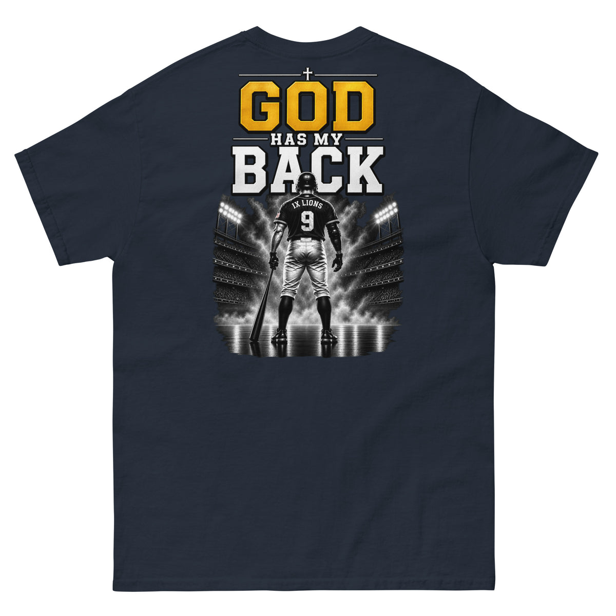 IX Lions God Has My Back Tee in navy, back view showing the God Has My Back graphic