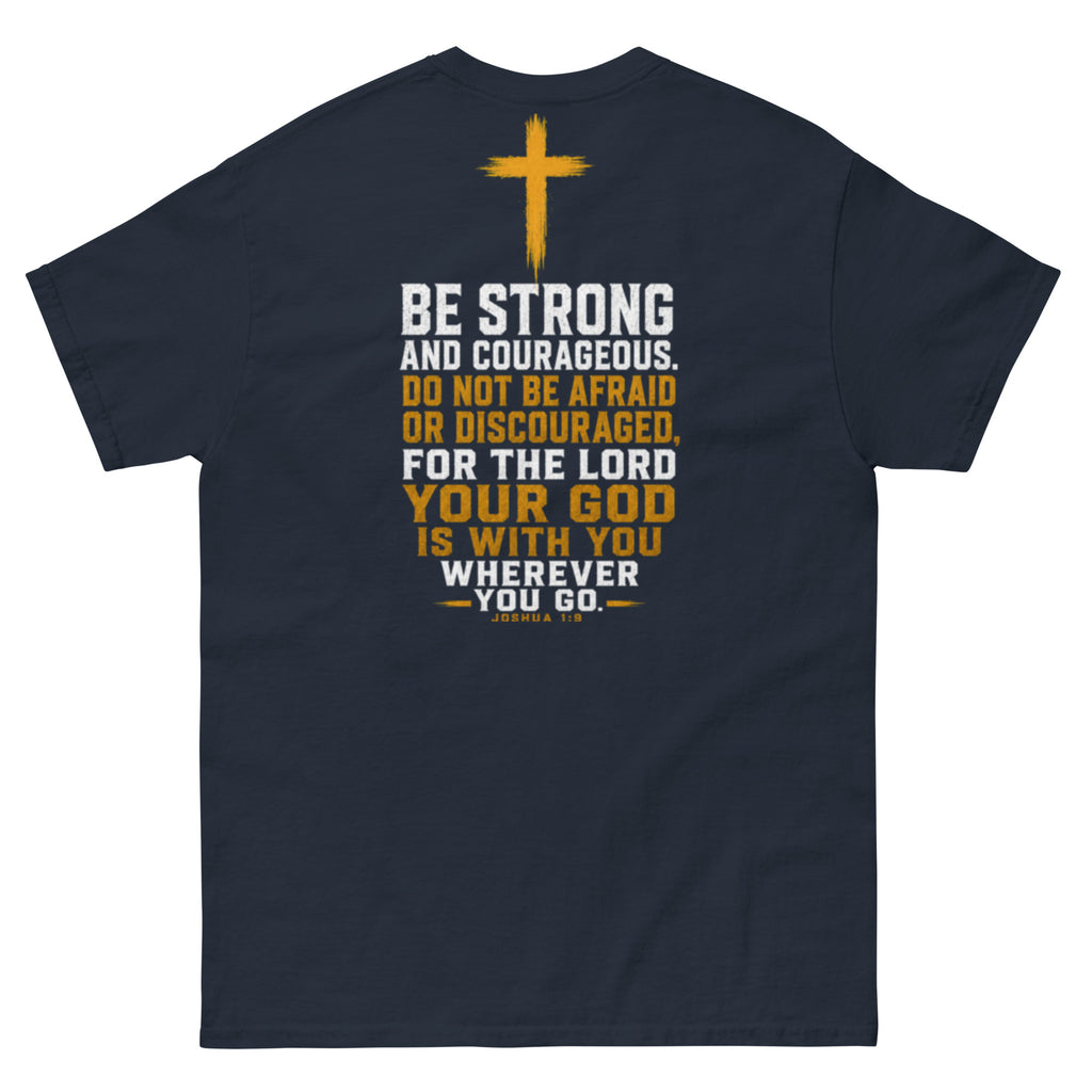 IX Courage Tee in navy, back view showing the Be Strong and Courageous Joshua 1:9 print and gold cross