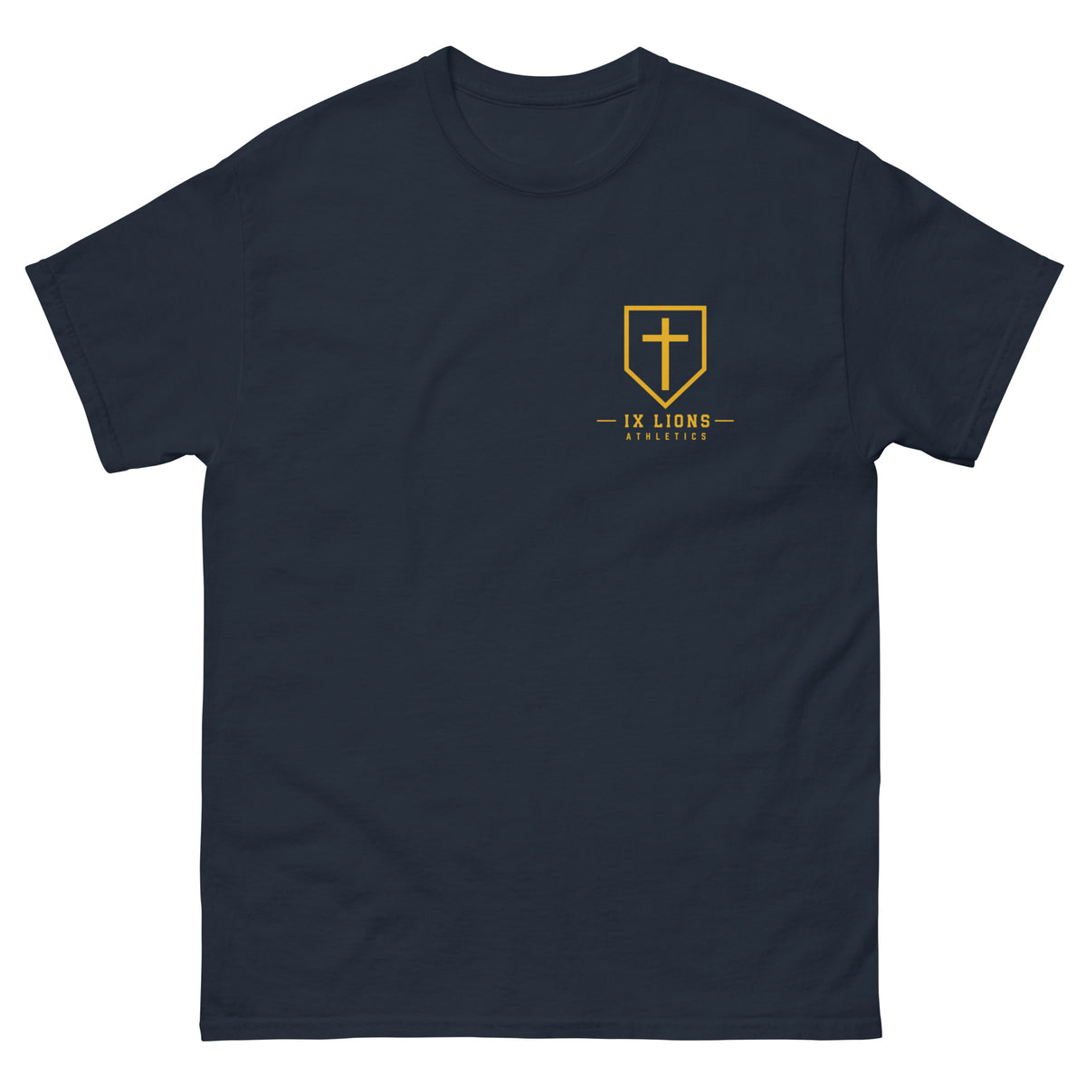 IX Lions God Has My Back Tee in navy, front view with IX Lions shield on the chest