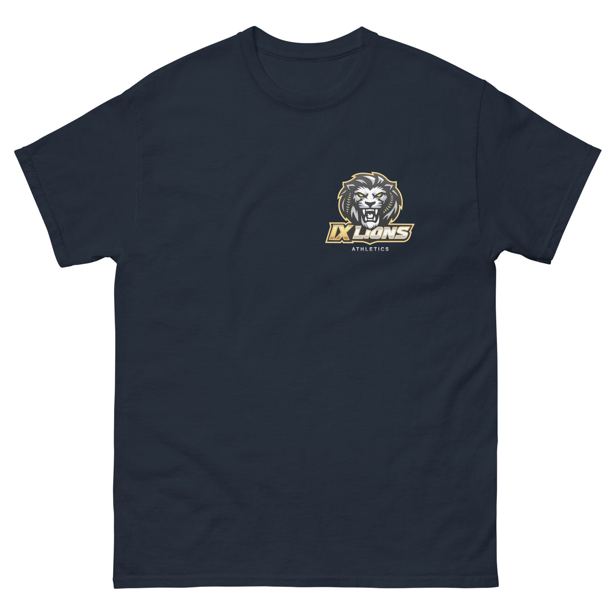 IX Courage Tee in navy, front view with small IX Lions crest on the left chest
