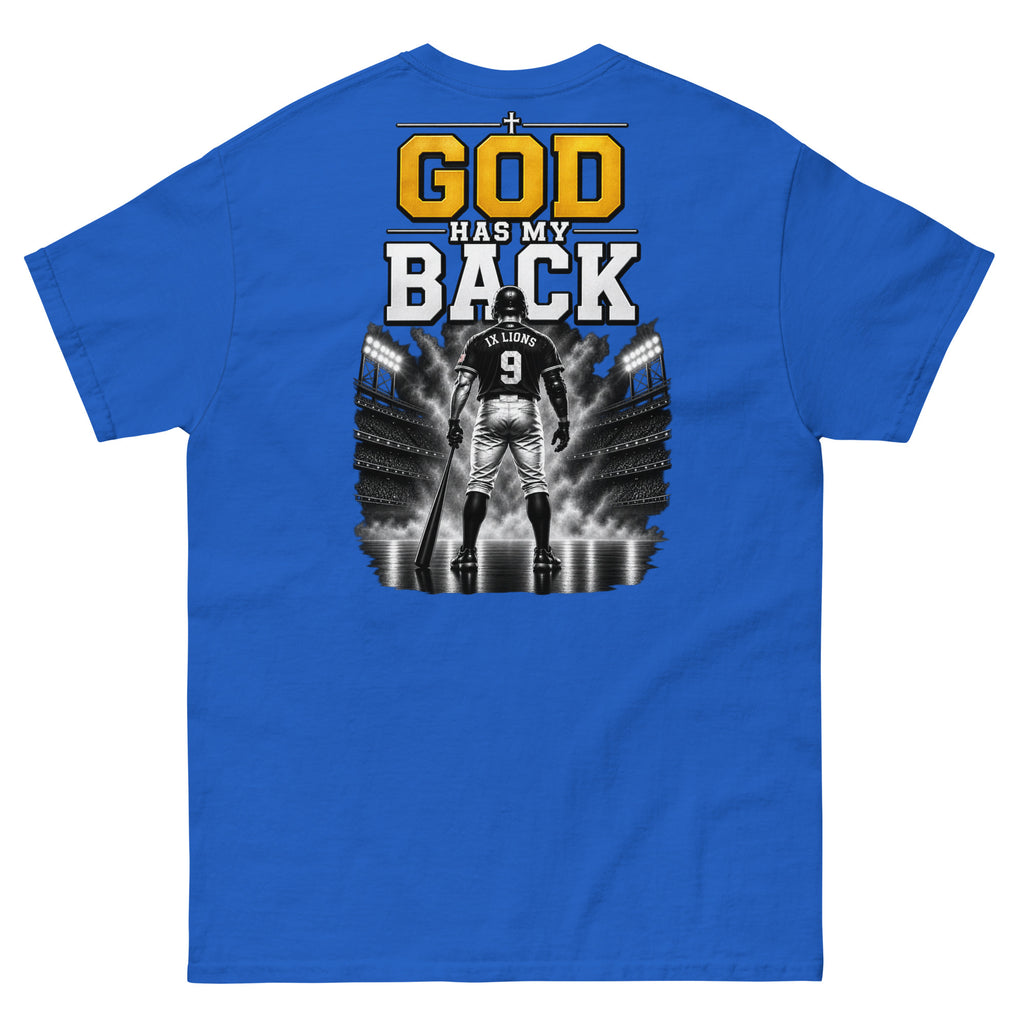 IX Lions God Has My Back Tee in royal, back view showing the God Has My Back graphic