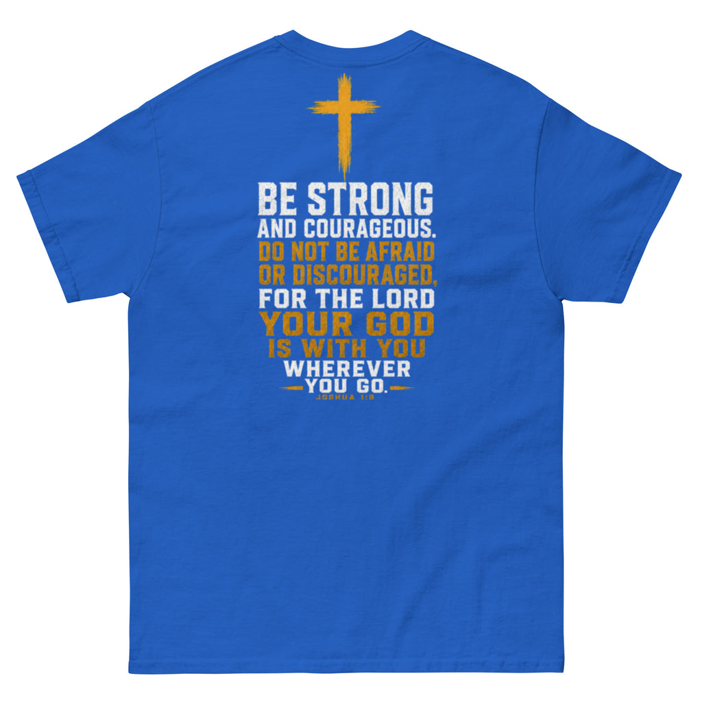 IX Courage Tee in royal, back view showing the Be Strong and Courageous Joshua 1:9 print and gold cross