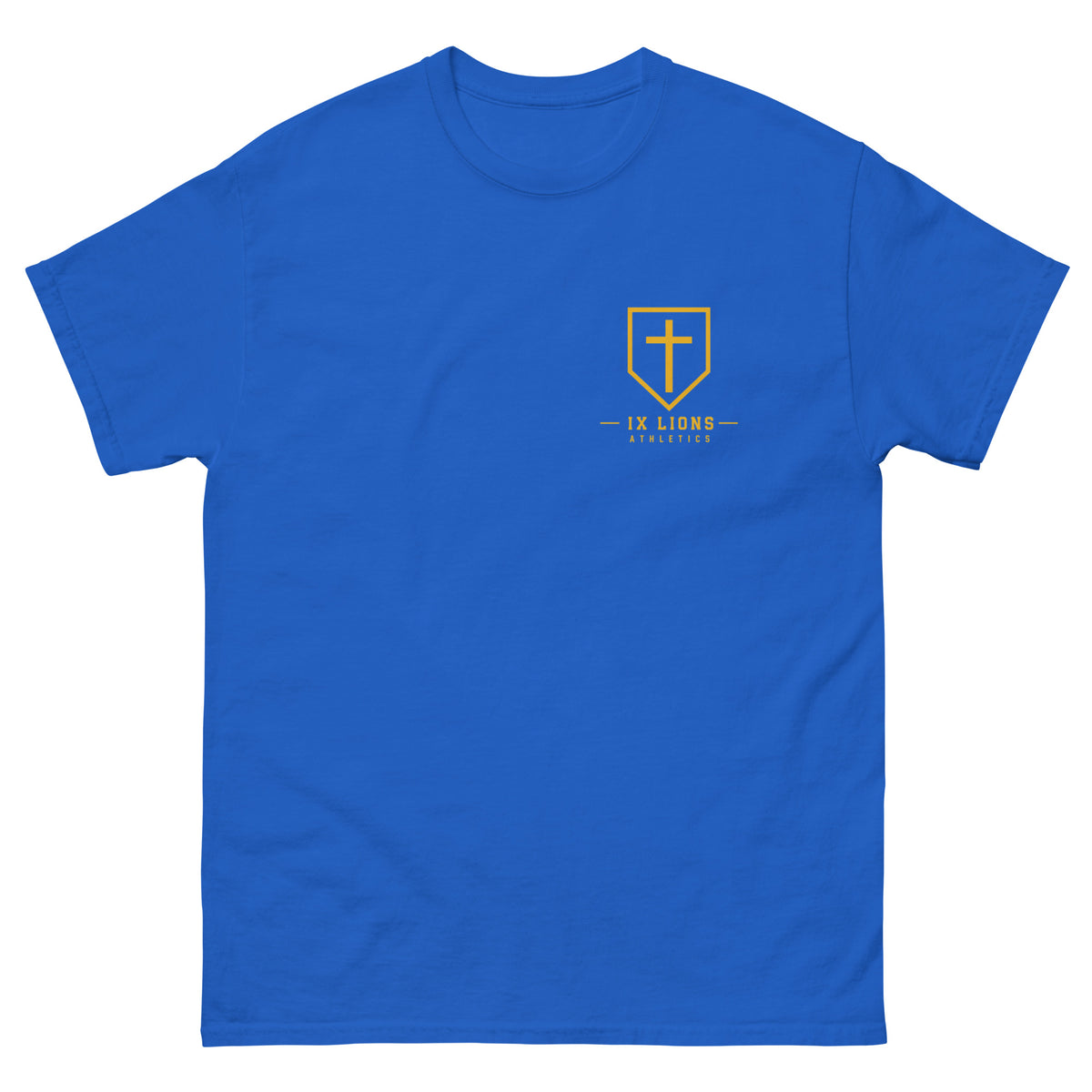 IX Lions God Has My Back Tee in royal, front view with IX Lions shield on the chest