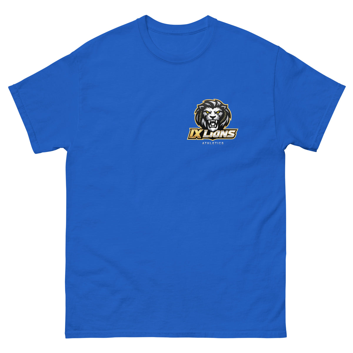 IX Courage Tee in royal, front view with small IX Lions crest on the left chest