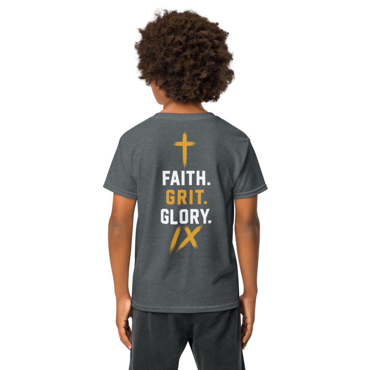 IX Lions Youth Statement Tee in dark heather, back view showing the Faith. Grit. Glory. graphic