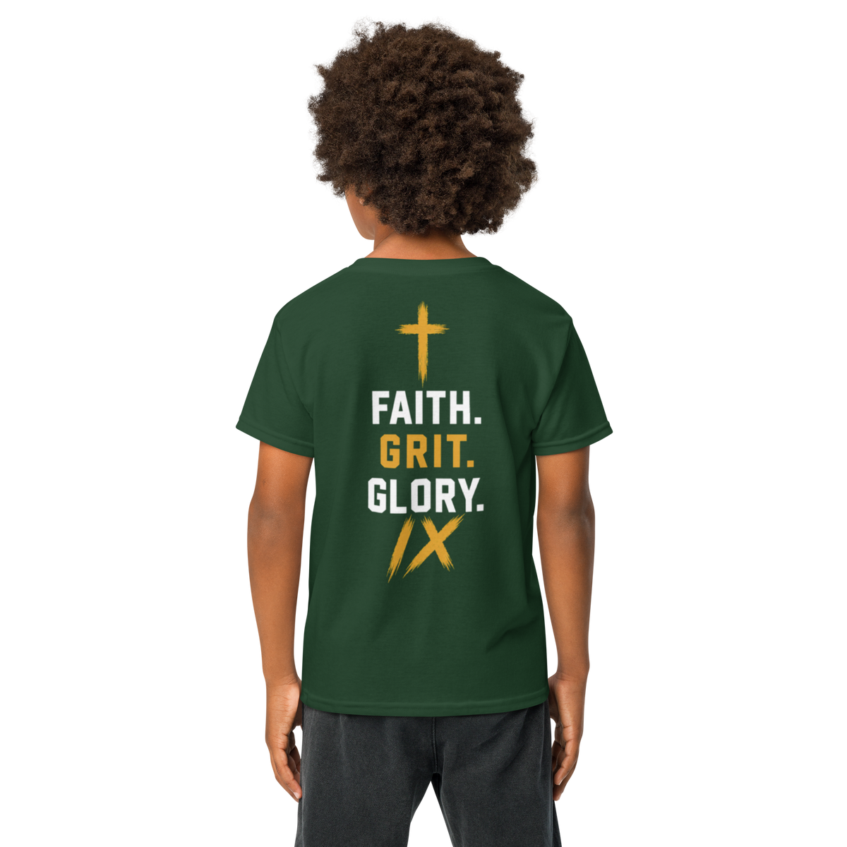 IX Lions Youth Statement Tee in forest green, back view showing the Faith. Grit. Glory. graphic