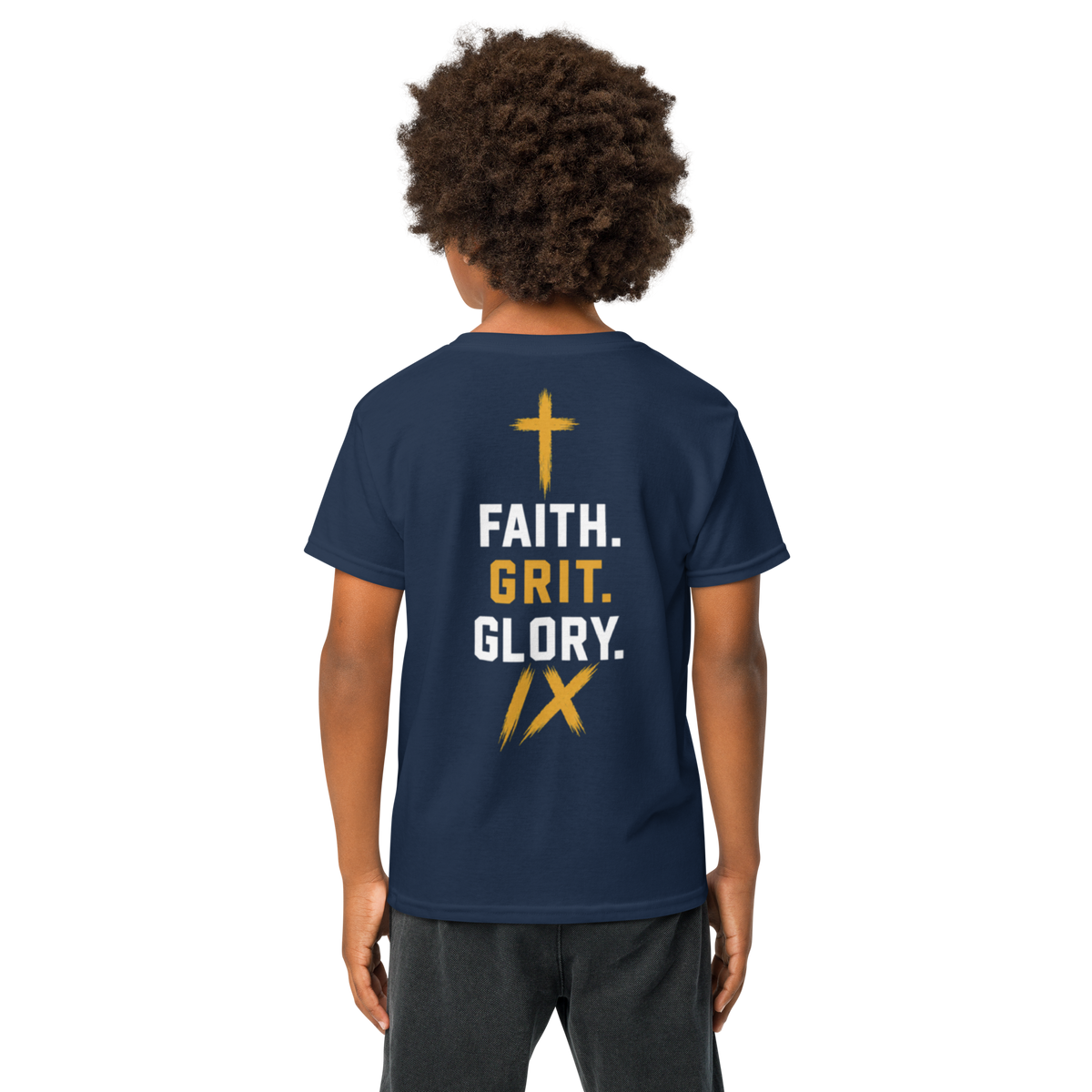 IX Lions Youth Statement Tee in navy, back view showing the Faith. Grit. Glory. graphic