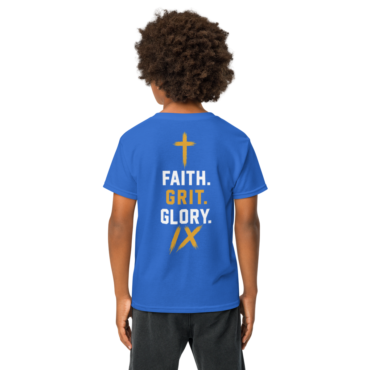 IX Lions Youth Statement Tee in royal, back view showing the Faith. Grit. Glory. graphic
