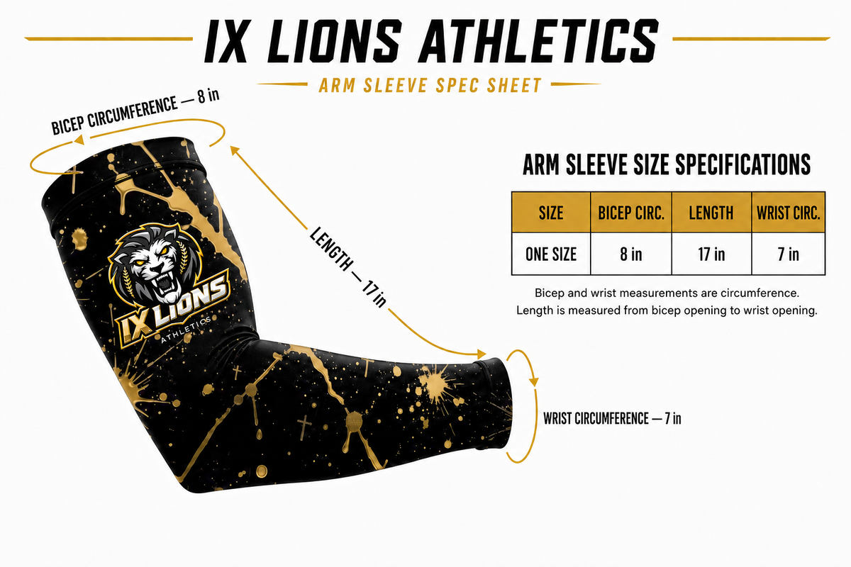 IX Lions arm sleeve size specifications showing wrist, bicep, and length measurements